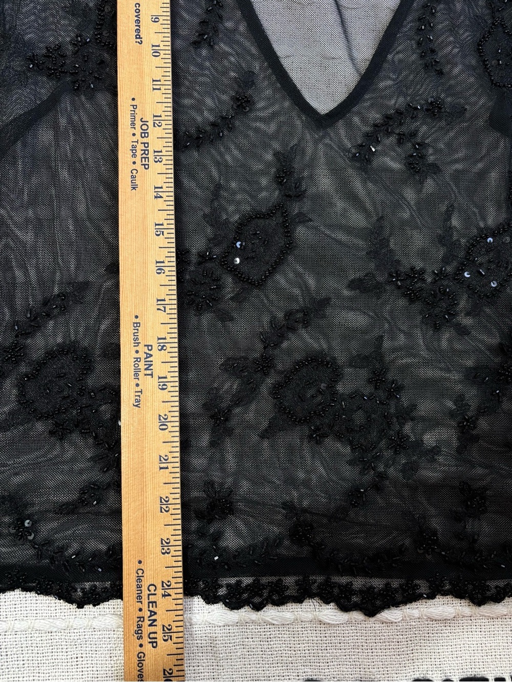 New York & Company Black Sheer Beaded Mesh Deep V-neck Top Whimsy Goth Y2K Large - Picture 10 of 11